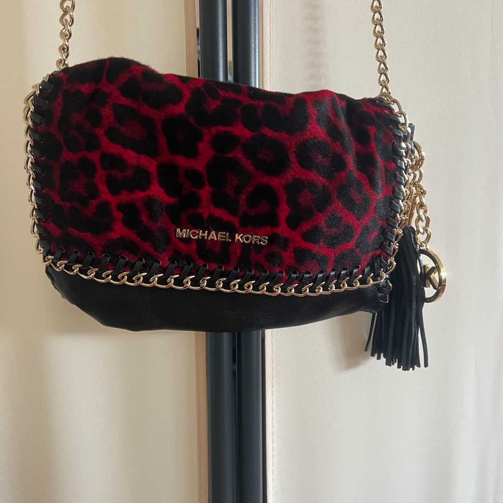 Michael Kors Red and Black Animal Print Crossbody Bag